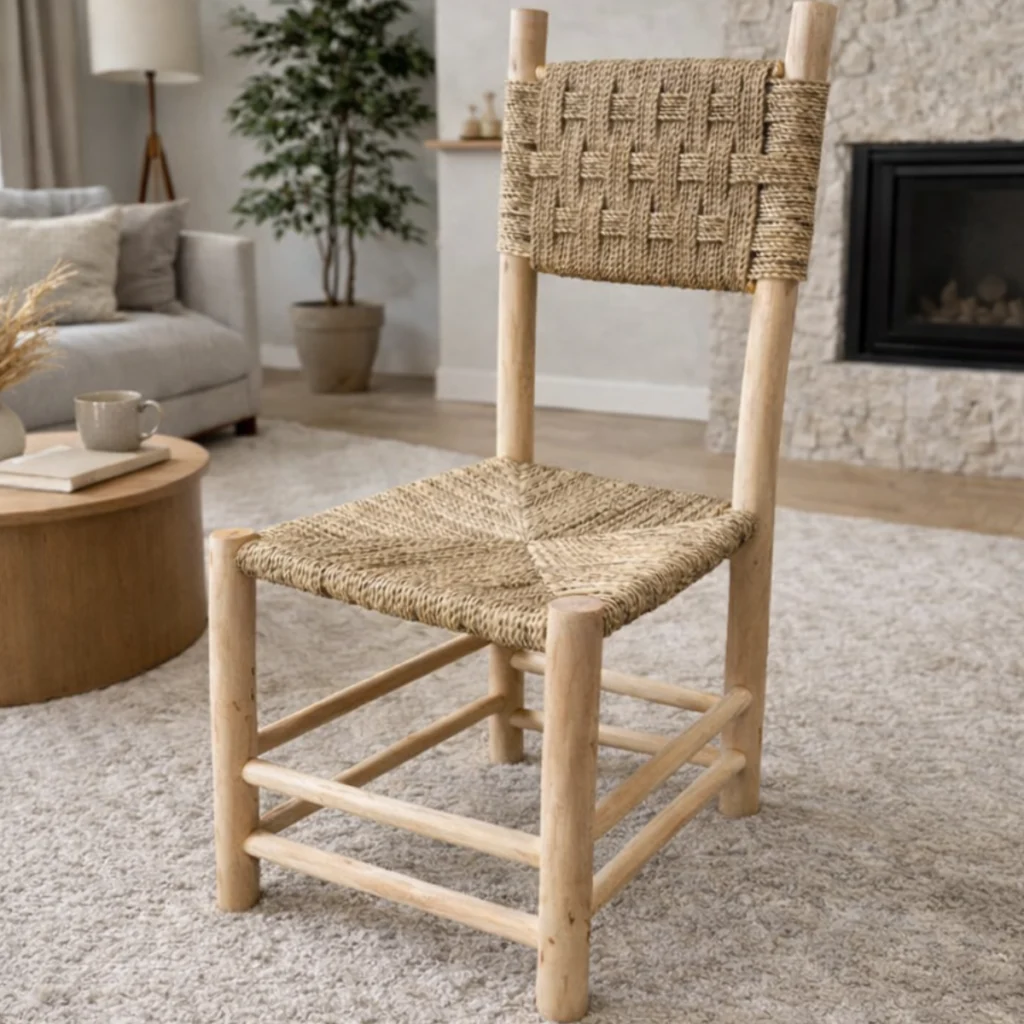 Chaise bohème en bois massif et corde tressée pour salle à manger naturelle