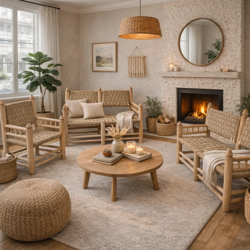 Salon bohème avec banquette bohème 2 places, fauteuils et chaises en bois et corde