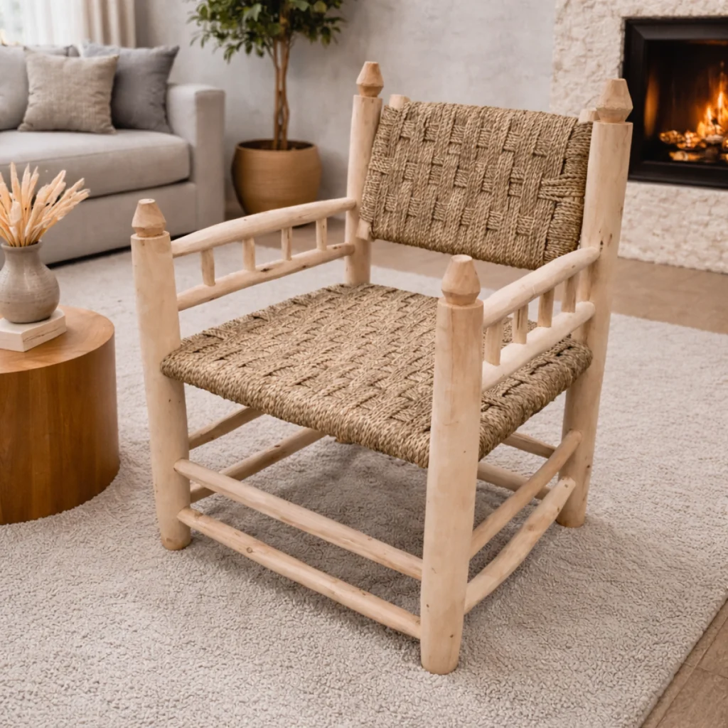 Fauteuil bohème 1 place en bois massif et corde tressée avec accoudoirs