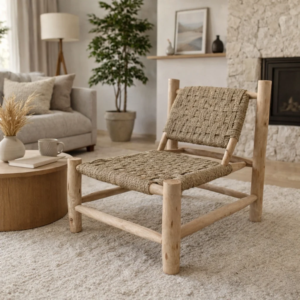 Fauteuil bohème II en bois et corde tressée style naturel