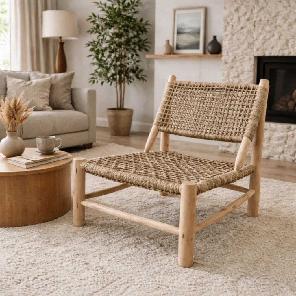 Fauteuil bohème III en bois massif avec dossier tressé travaillé