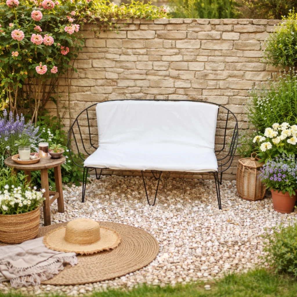 Banquette de jardin en métal noir avec coussin blanc sur sol en gravier, dans un jardin paysager avec mur en pierre et fleurs.