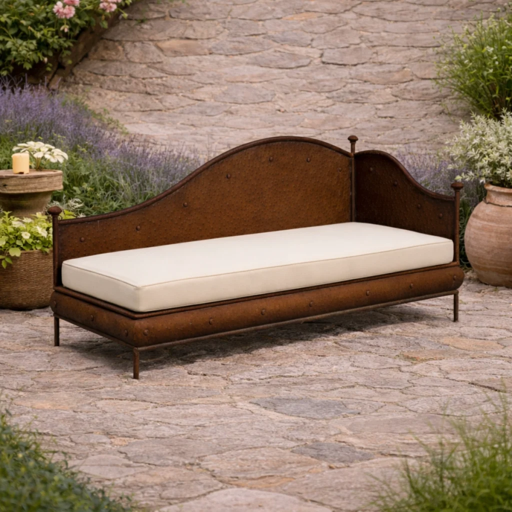 Banquette de jardin en fer avec coussin beige, installée sur terrasse en pierre naturelle devant un mur en pierre.