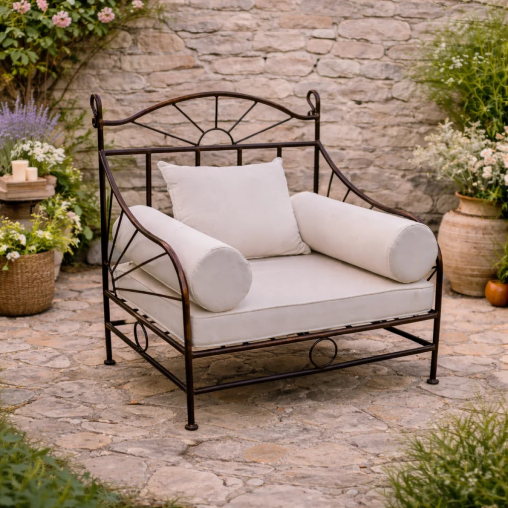 Banquette de jardin en fer forgé noir avec coussins blancs, posée sur terrasse en pierre naturelle devant un mur en pierre et entourée de plantes fleuries.