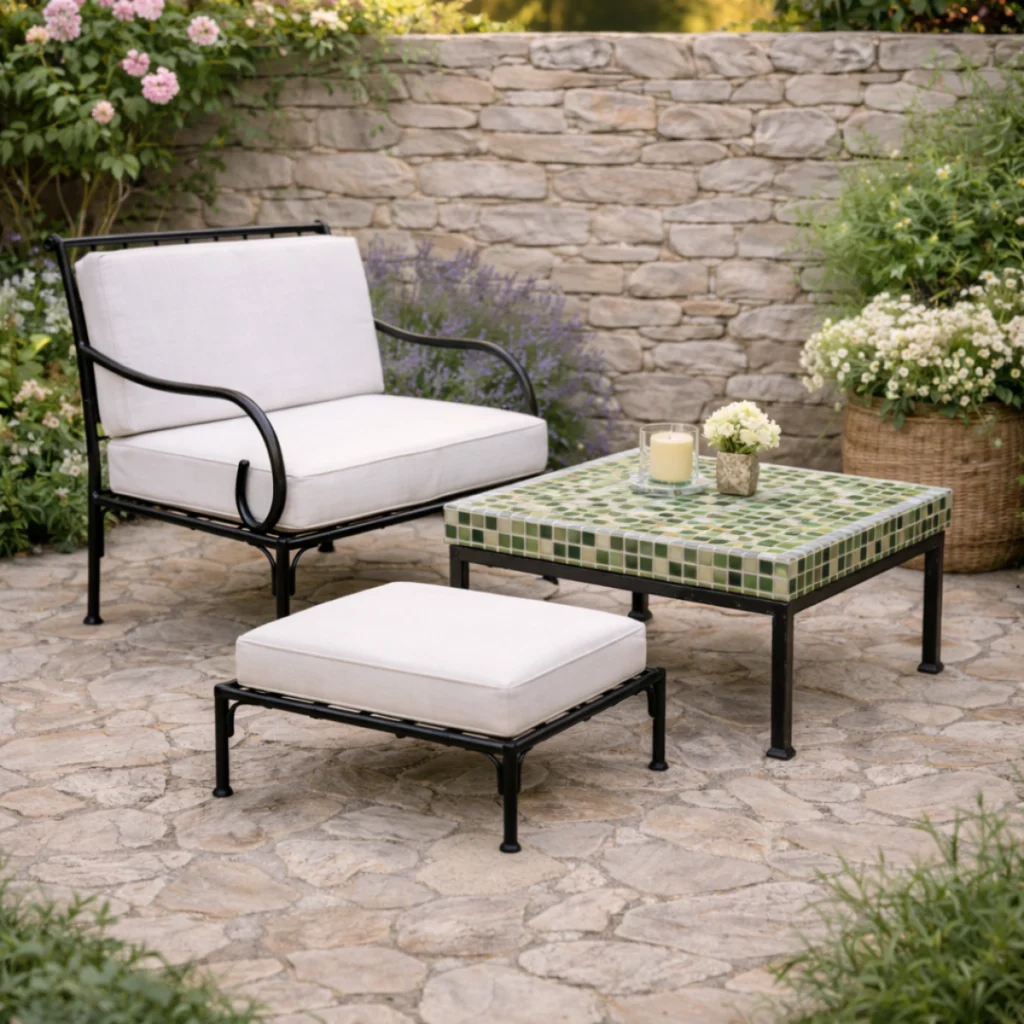 Fauteuil de jardin en fer forgé noir avec coussins blancs et repose-pieds, accompagné d’une table basse carrelée, sur terrasse en pierre naturelle devant un mur en pierre.