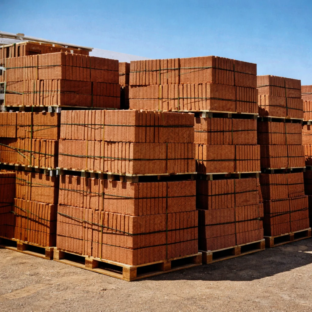 stockage de briques en terre cuite sur palettes dans une briqueterie