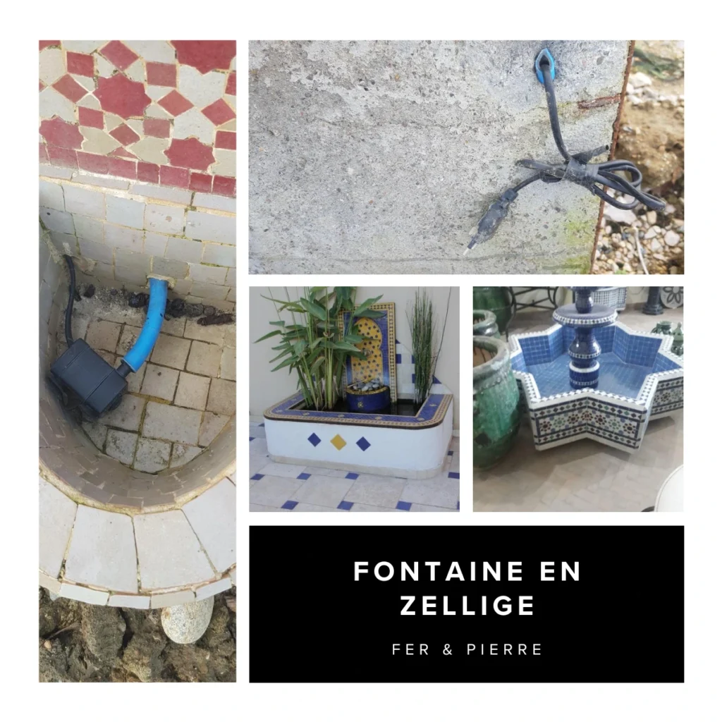 installation fontaine en zellige avec pompe et raccordement électrique dans un bassin