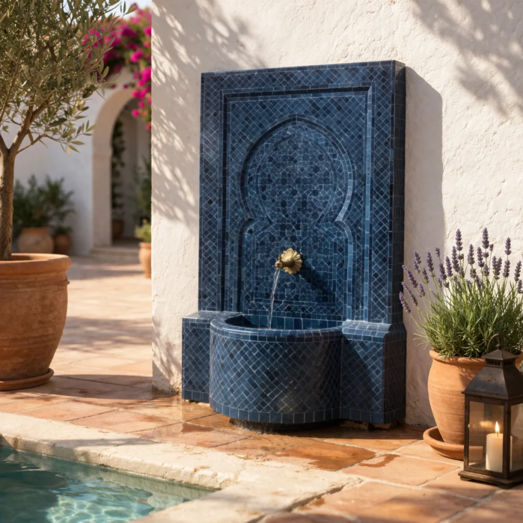 fontaine en zellige bleu foncé près d’une piscine avec terrasse extérieure