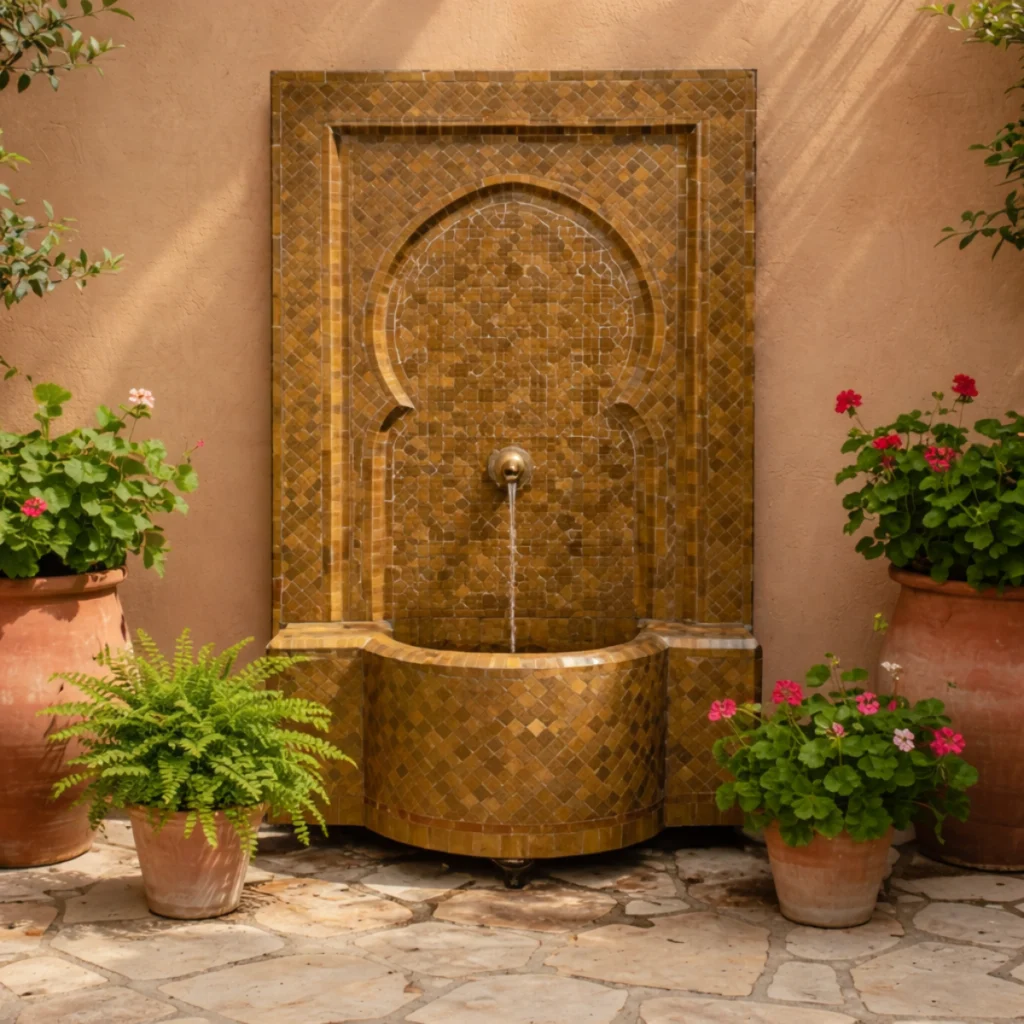 fontaine en zellige couleur miel dans un jardin avec plantes et pots en terre cuite