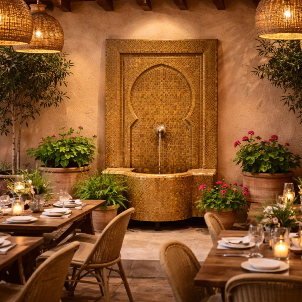 fontaine en zellige couleur miel dans un patio avec mobilier et plantes décoratives