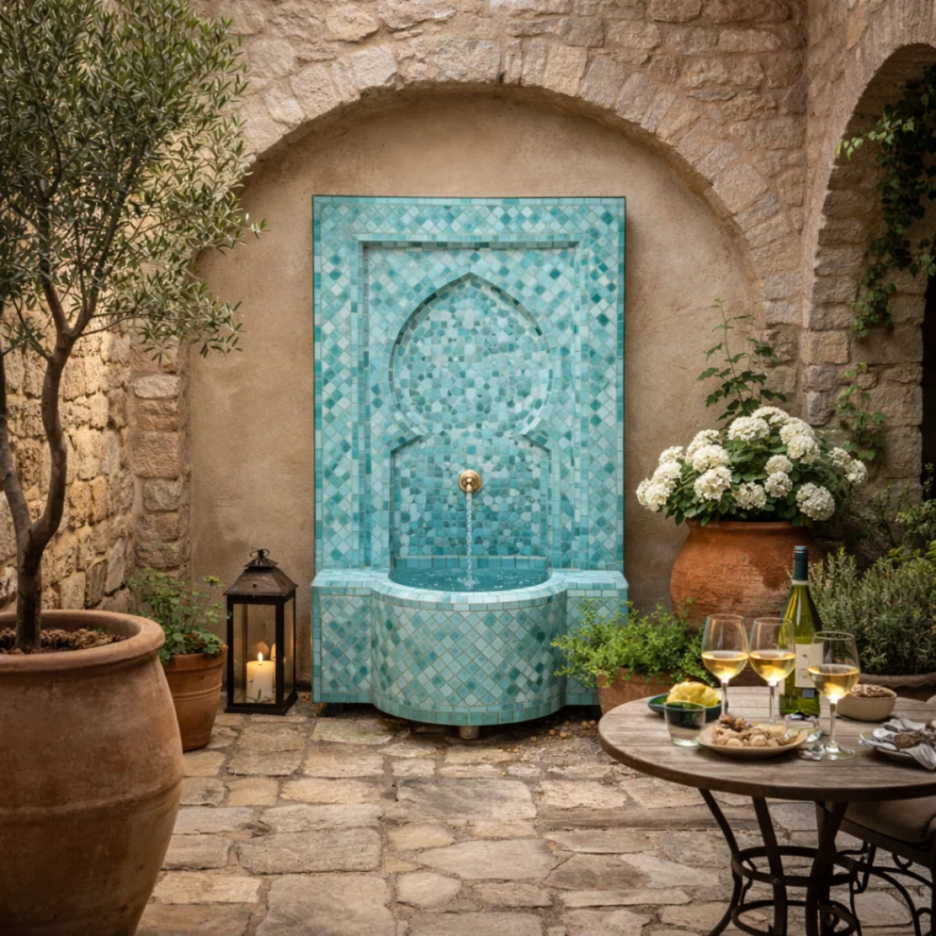 fontaine en zellige bleu clair dans un patio en pierre avec arche et végétation