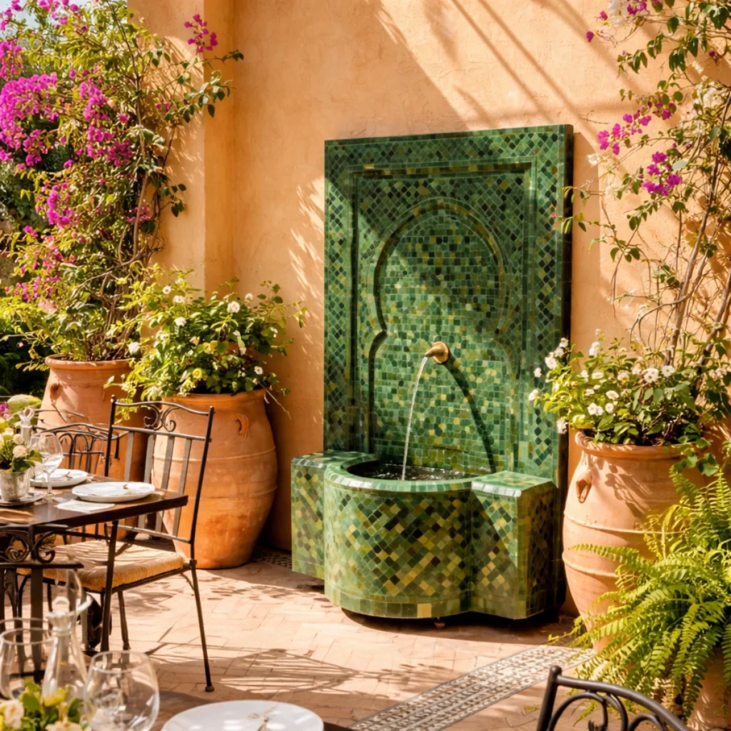 fontaine en zellige vert dans un restaurant à Marrakech avec terrasse et plantes