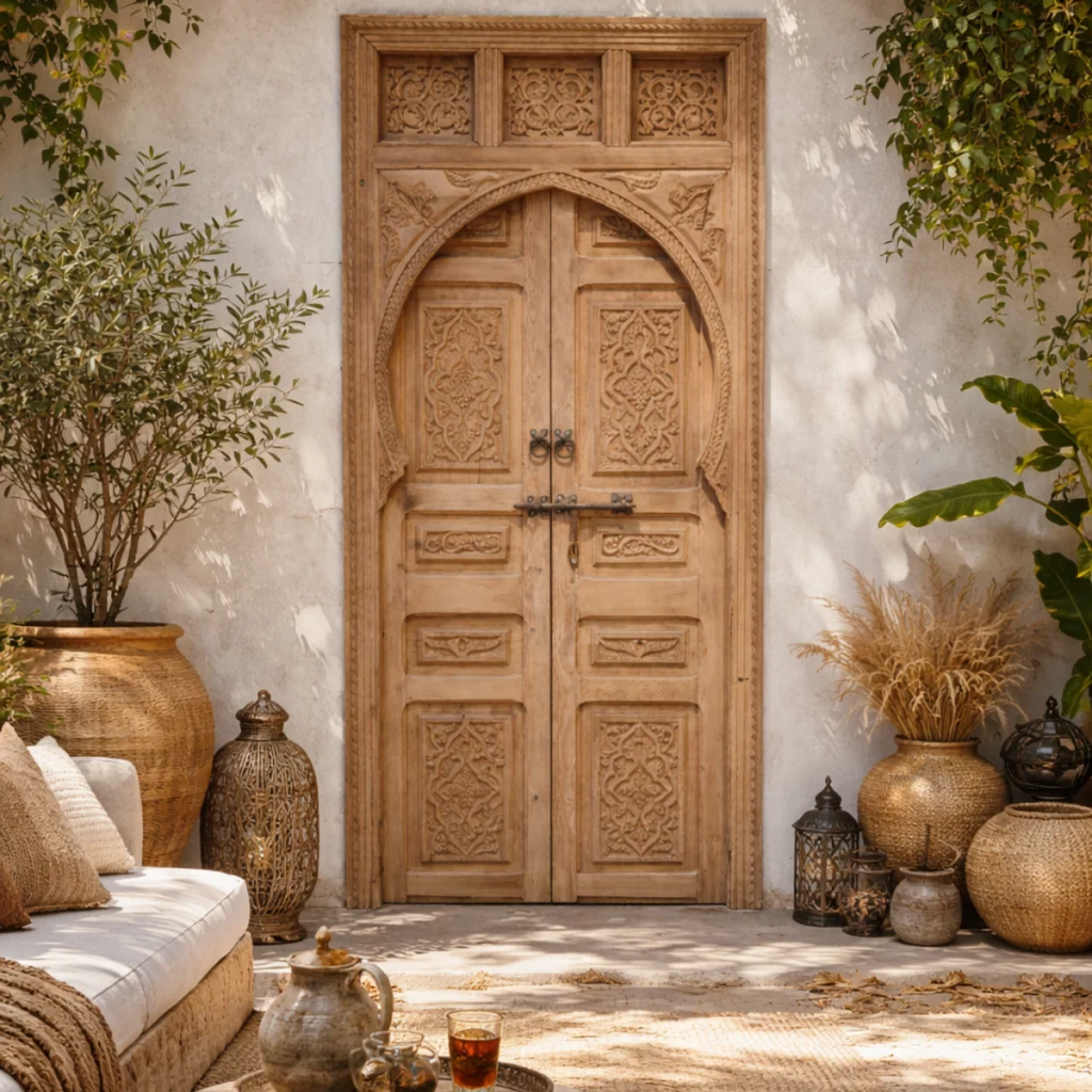 porte riad marocaine en bois clair dans un patio avec décoration naturelle