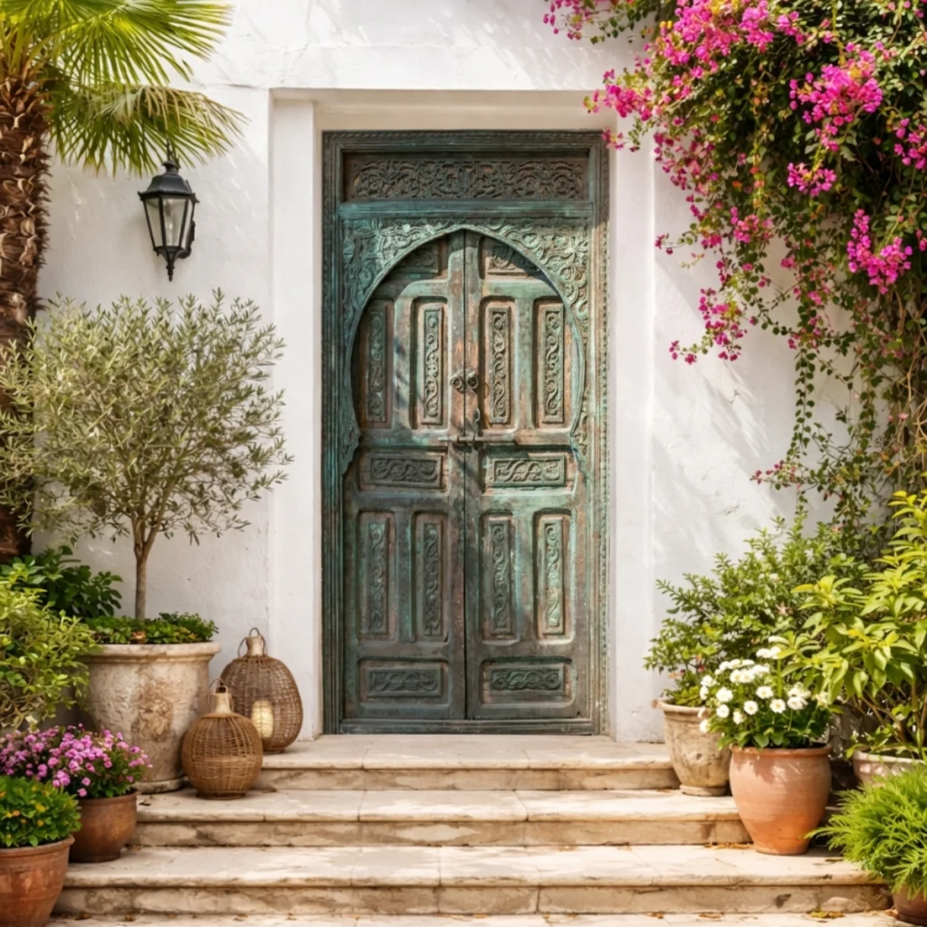 porte riad marocaine en bois sculpté patiné en extérieur avec plantes et fleurs