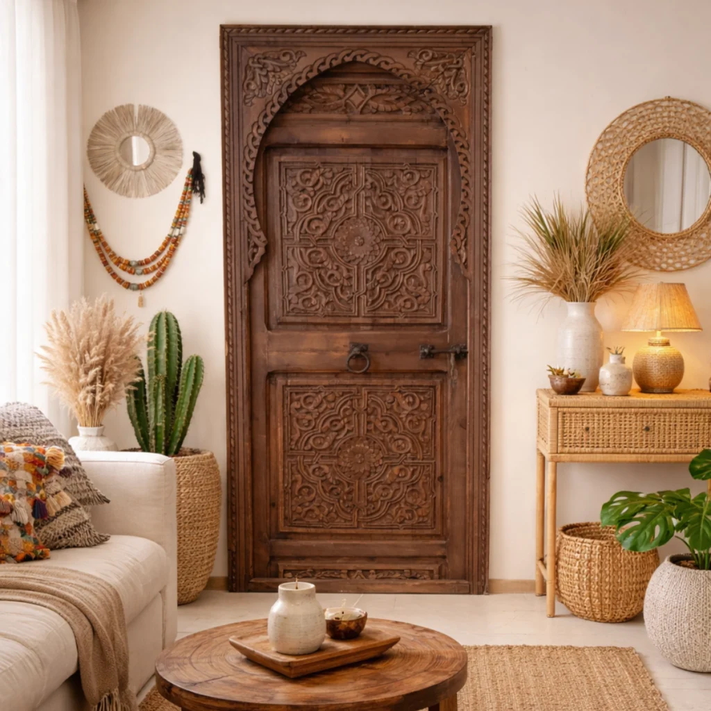 porte riad marocaine en bois sculpté dans un intérieur bohème avec décoration naturelle
