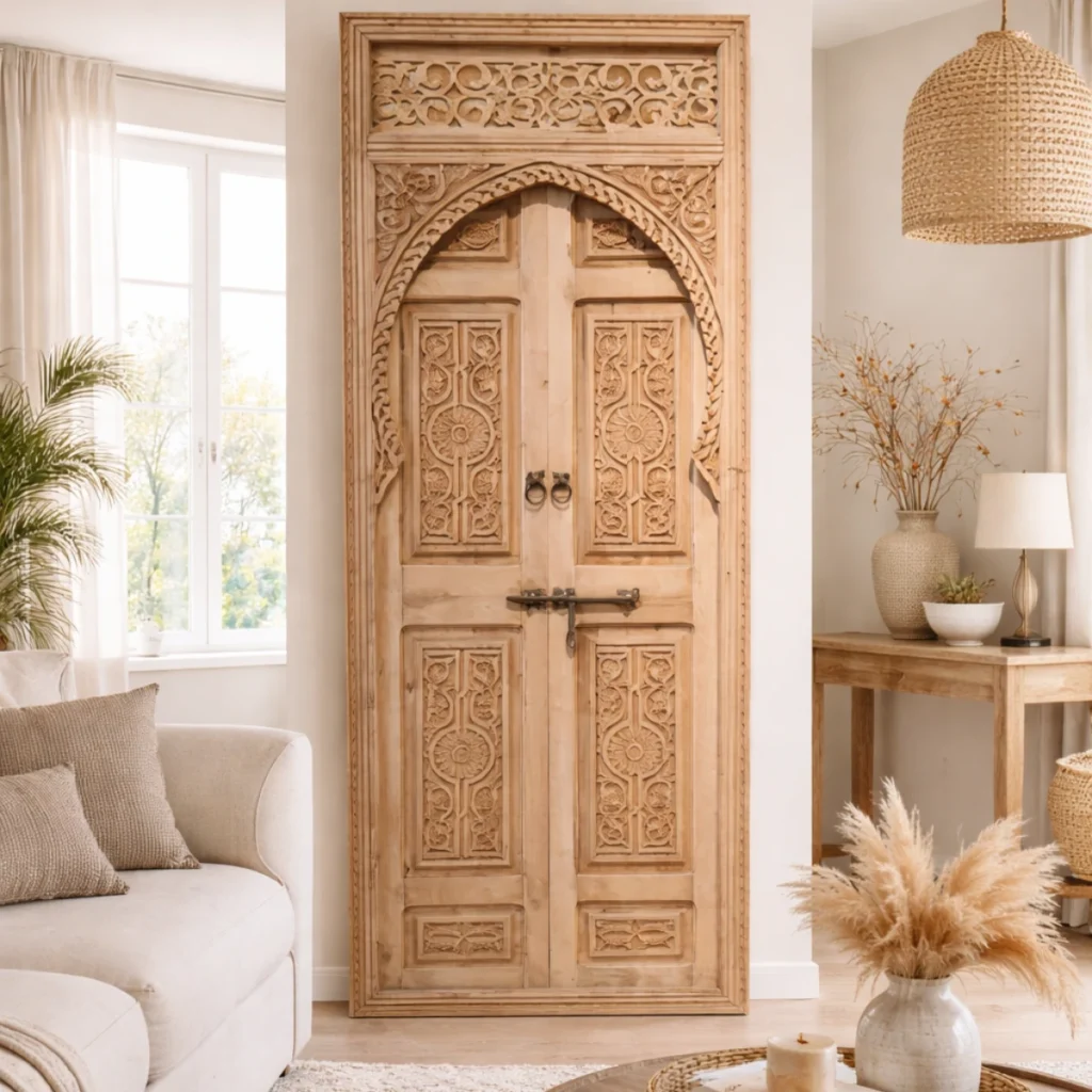 porte riad marocaine en bois clair sculpté dans un intérieur lumineux