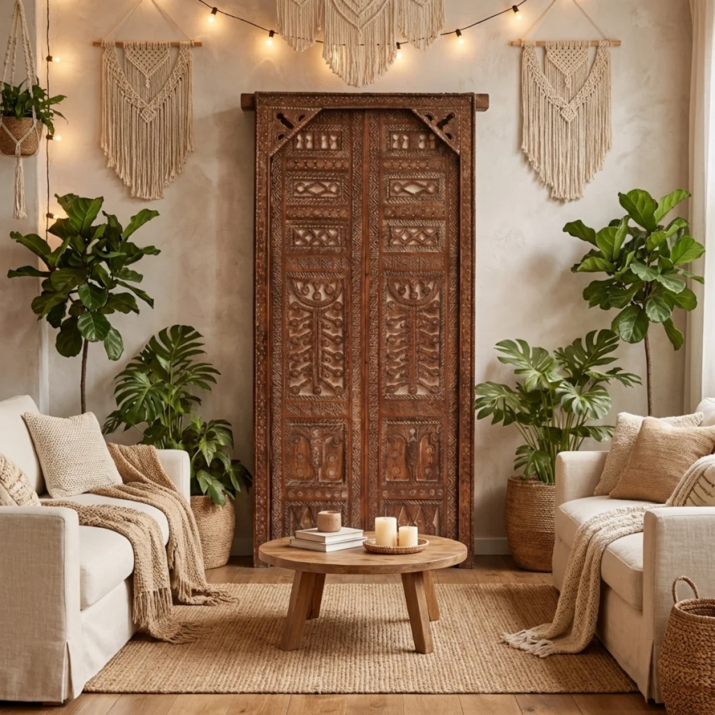 porte riad marocaine en bois sculpté dans un salon bohème avec plantes