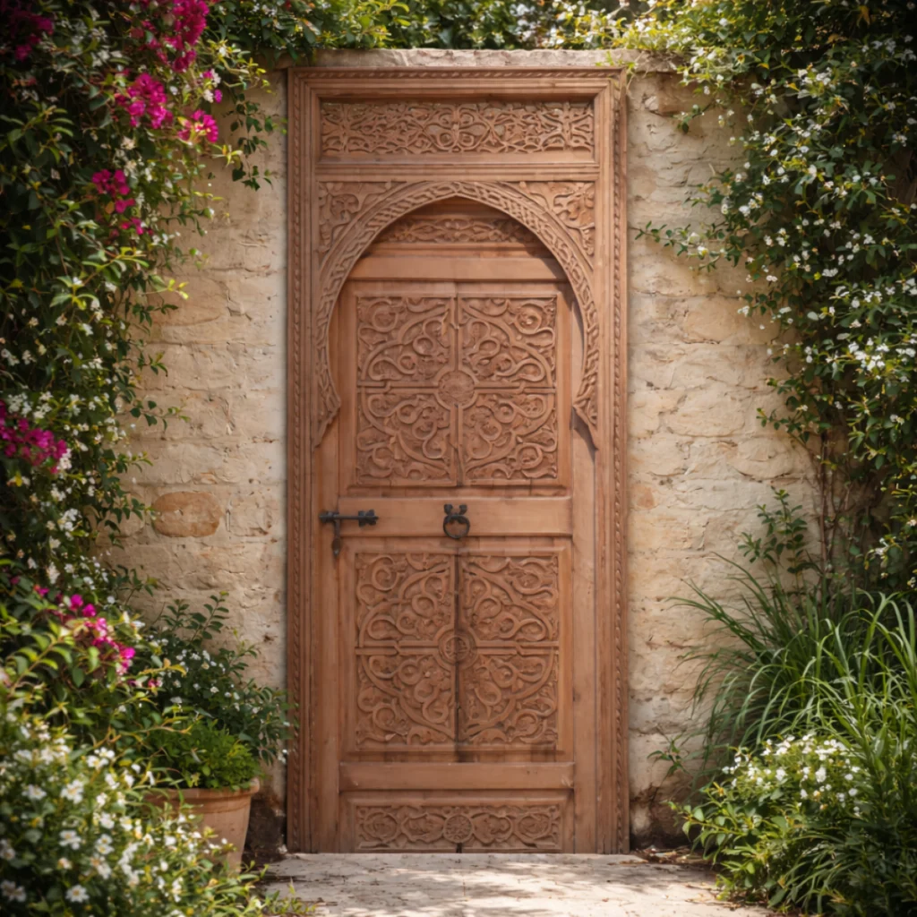 porte riad marocaine en bois sculpté en extérieur entourée de végétation
