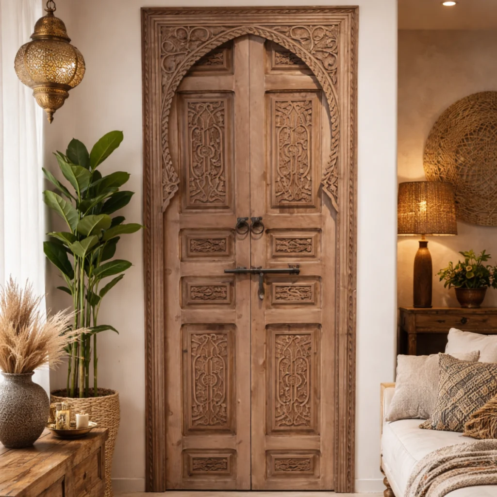Porte riad marocaine en bois sculpté installée dans un intérieur chaleureux, avec mobilier artisanal, éclairage doux et décoration bohème pour une ambiance authentique.