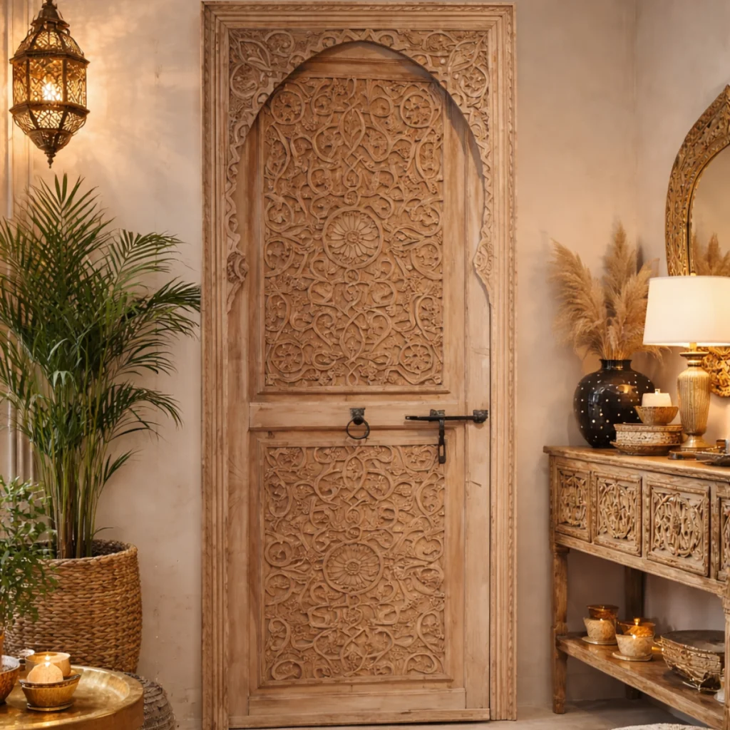 porte riad marocaine en bois sculpté dans un intérieur oriental avec décoration bohème