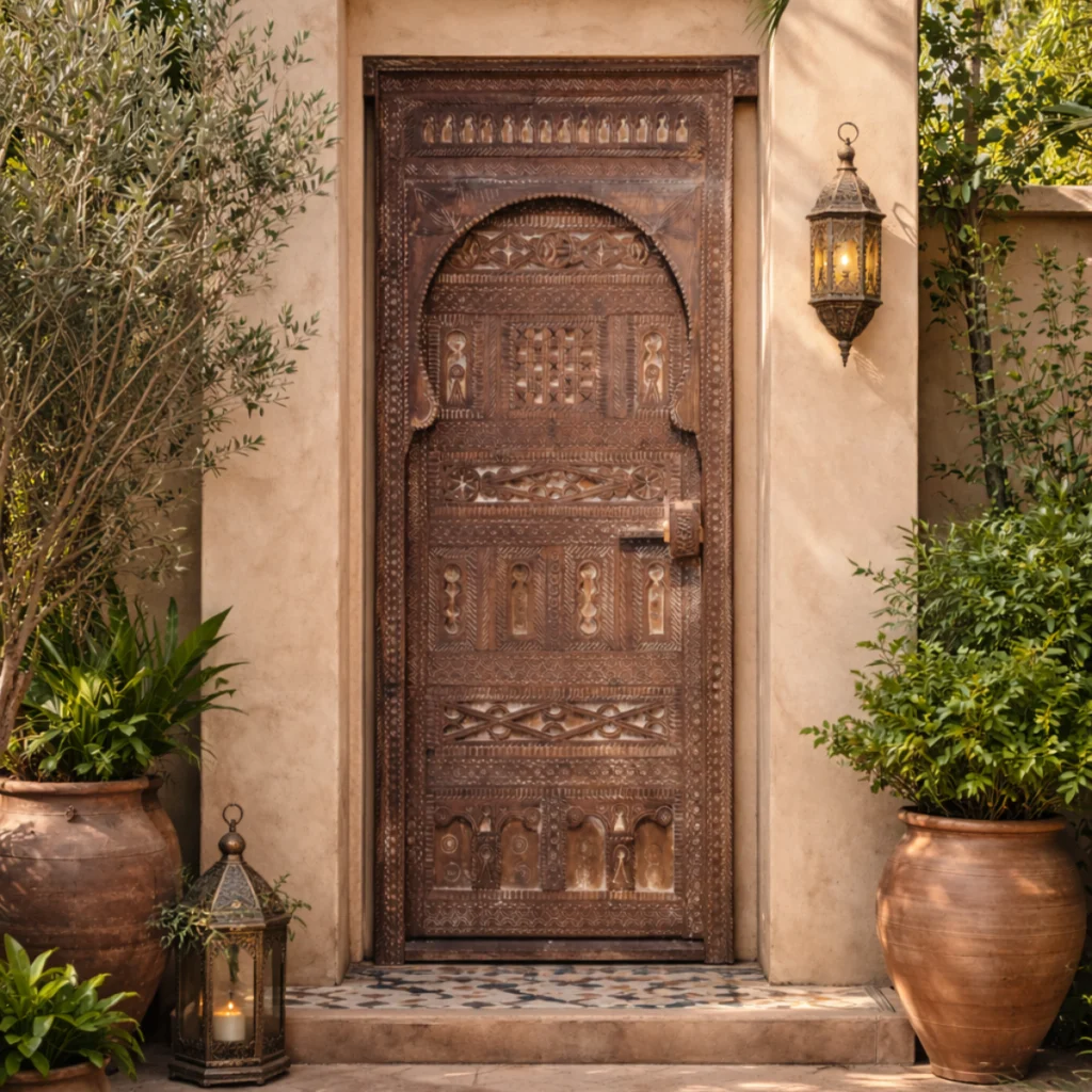 porte riad marocaine en bois sculpté en extérieur avec pots et plantes