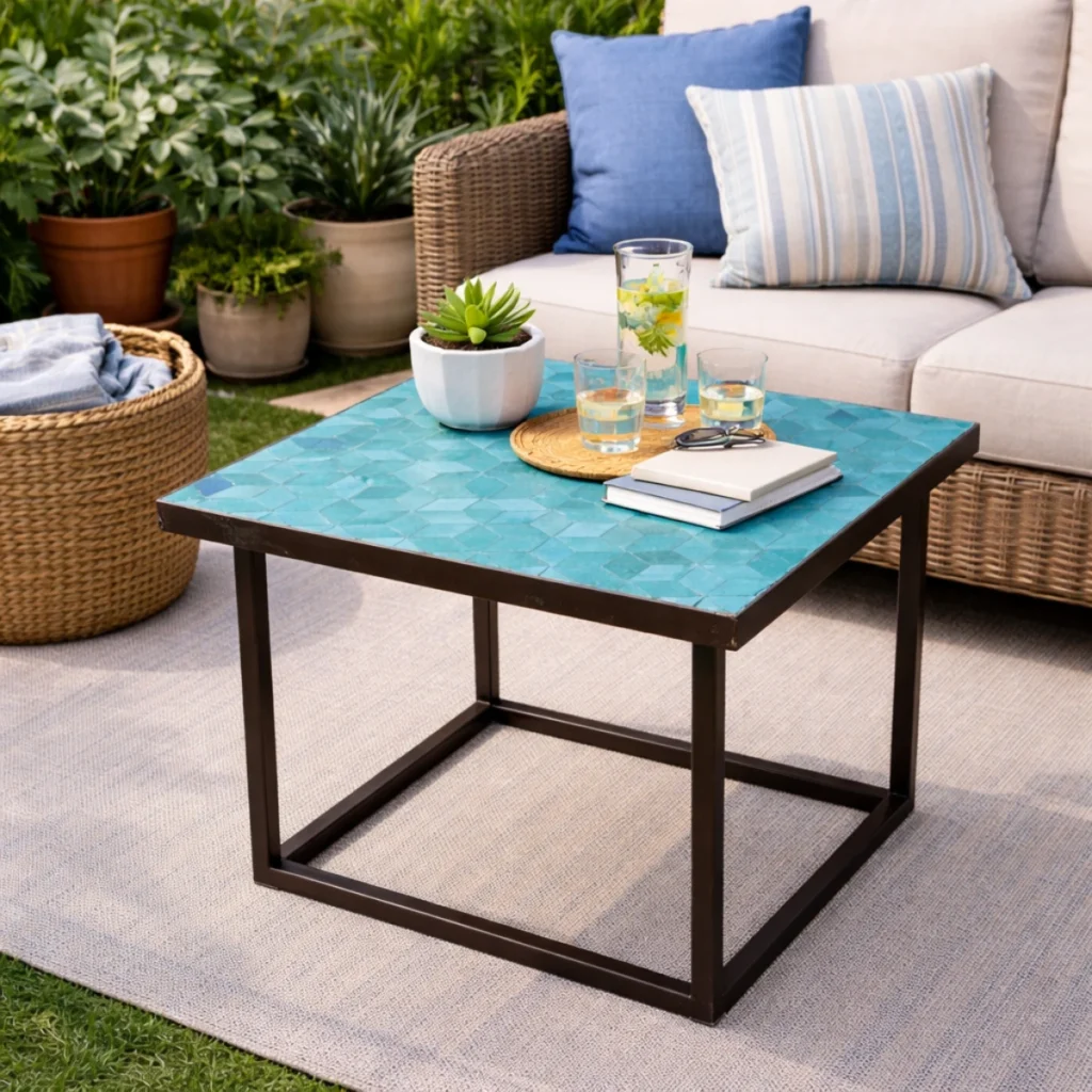 table en zellige dans un espace intérieur ou extérieur avec mobilier de jardin