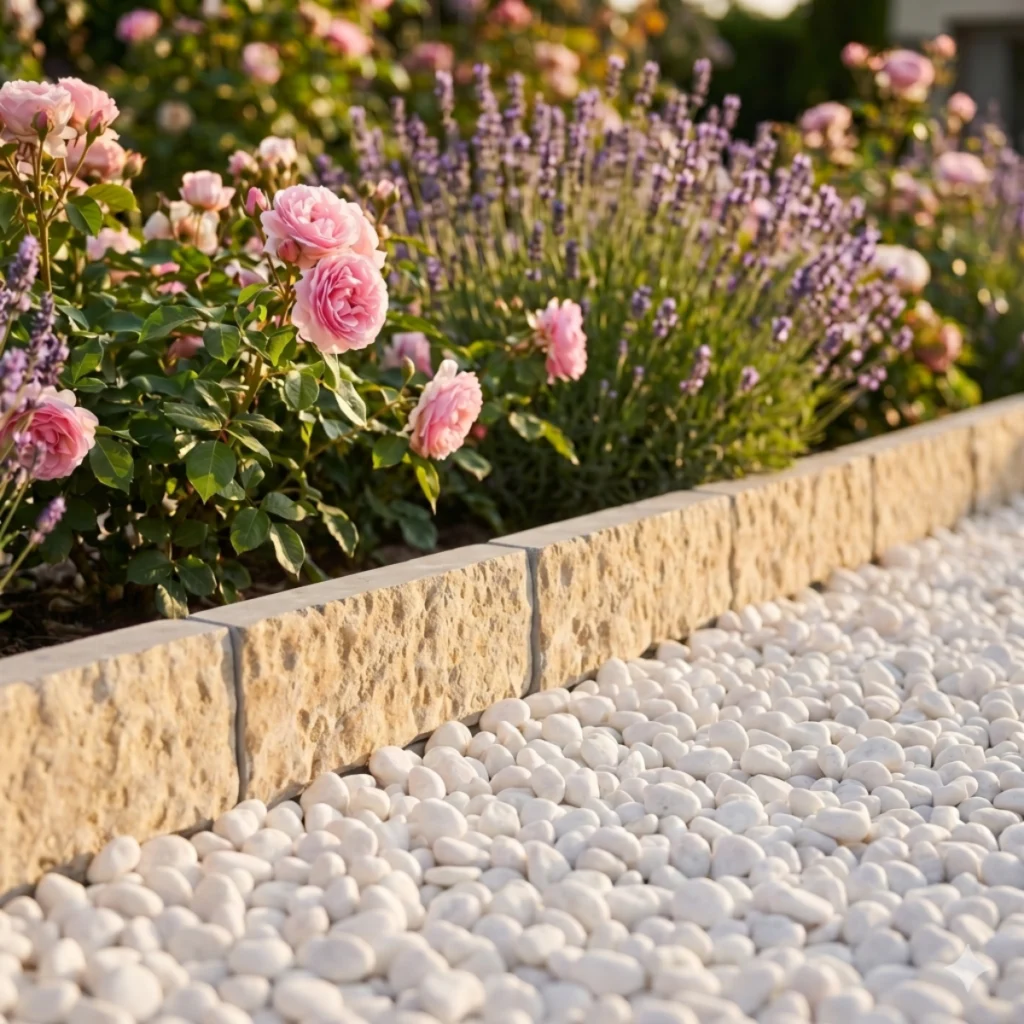 Bordure de jardin en pierre naturelle avec galets blancs et massif de fleurs