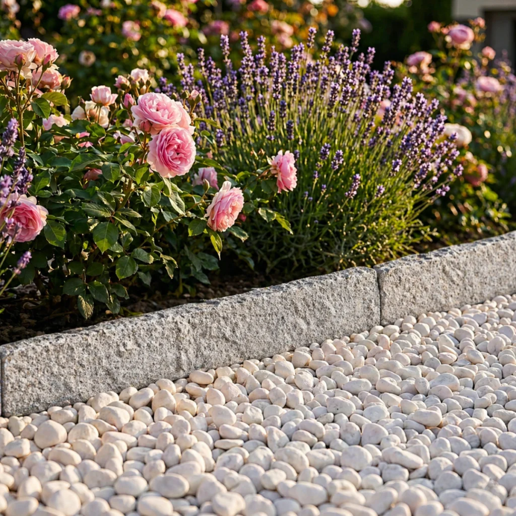 Bordure de jardin en granit gris avec galets blancs et fleurs