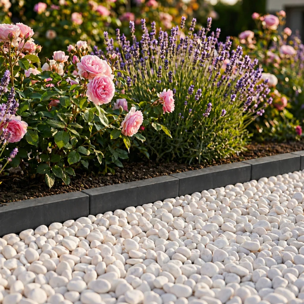 Bordure de jardin en ardoise noire avec galets blancs et massif végétal