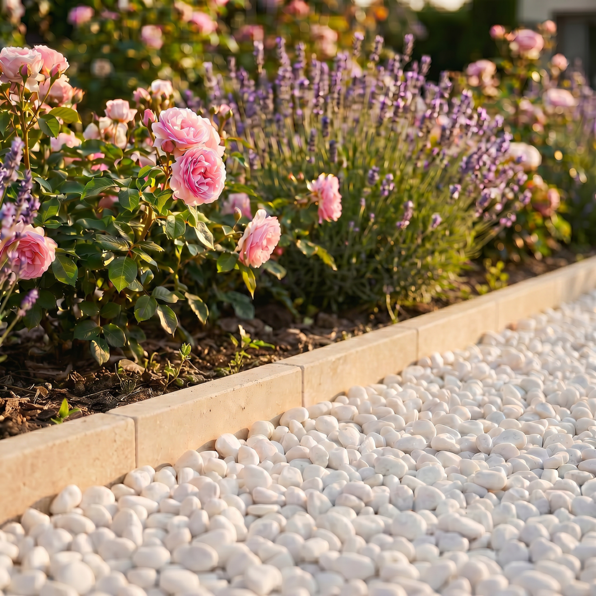 Bordure de jardin en travertin beige avec galets blancs et massif fleuri