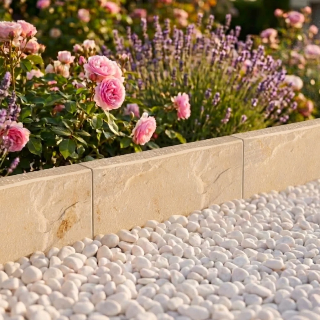 Bordure de jardin en grès Kandla avec galets blancs et massif fleuri