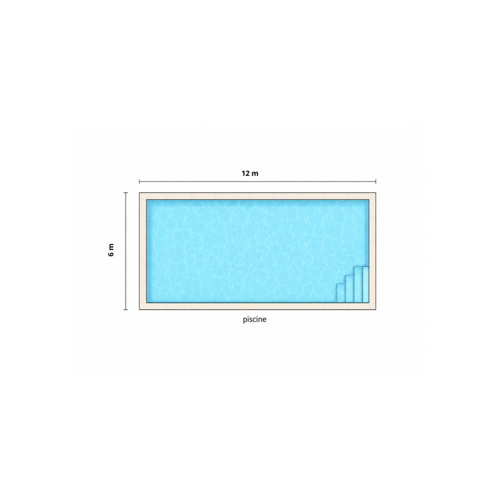 Schéma piscine 12 x 6 mètres avec exemple de dimensions pour calculer les margelles en travertin