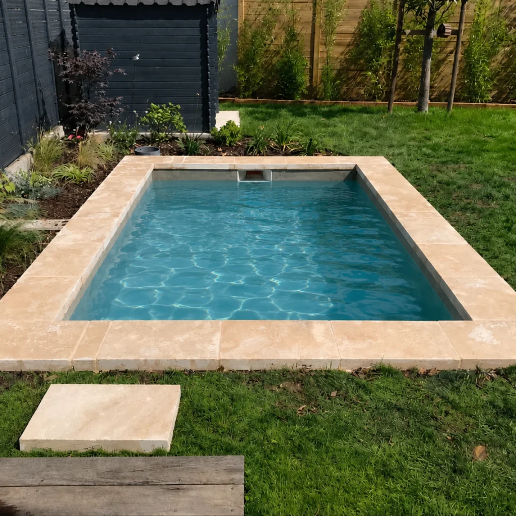 Piscine rectangulaire avec margelles en travertin beige et jardin paysager autour du bassin