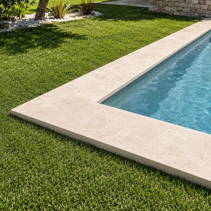 Margelles de piscine en Travertin Light Mix : un rendu lumineux et intemporel