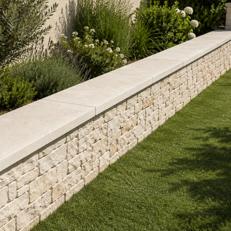 Dessus de mur en travertin beige posé sur un muret en pierre naturelle dans un jardin paysager.