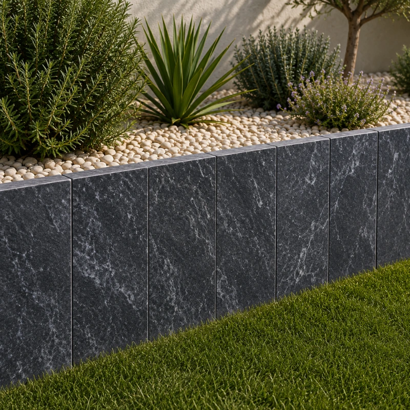 Palis en travertin Darkstone installés en retenue de terre dans un jardin paysager.
