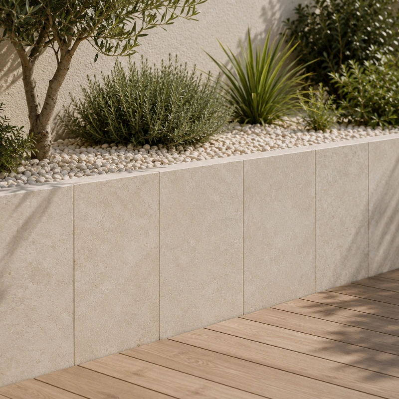 Palis en travertin beige pour massif paysager