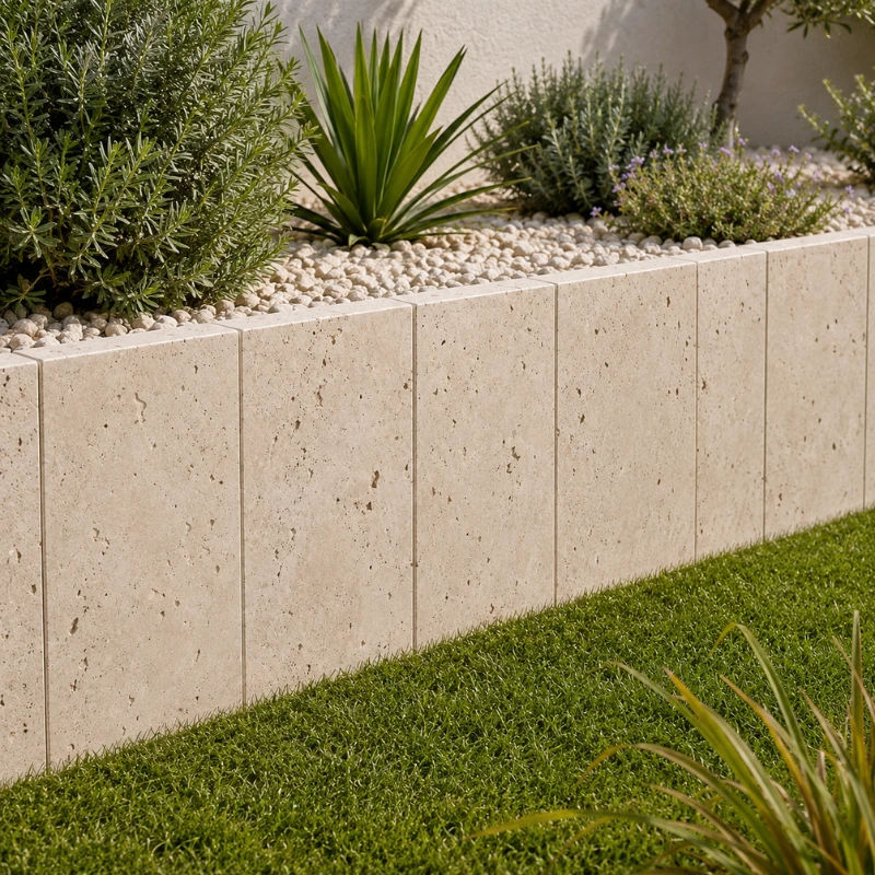 Palis en travertin beige utilisés en retenue de terre dans un jardin contemporain.