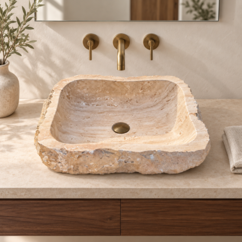 Vasque en pierre naturelle beige à poser aux contours naturels – Fer & Pierre
