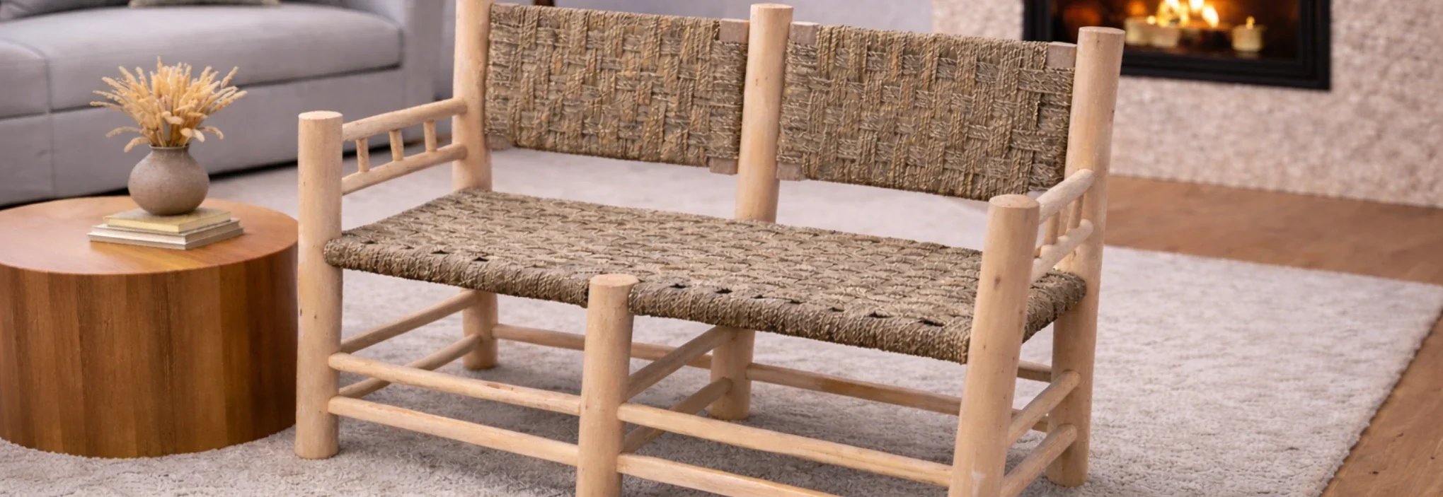 Banquette bohème 2 places en bois massif et corde tressée