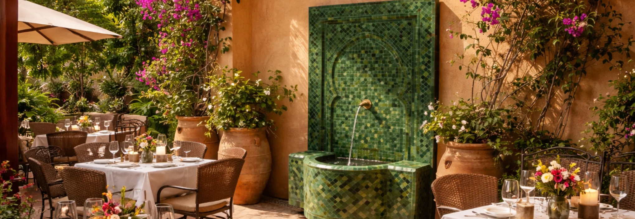 fontaine en zellige vert avec bassin dans un patio aménagé avec terrasse et végétation