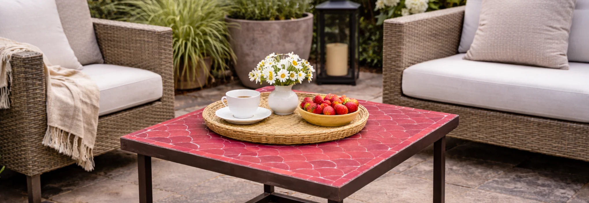 table en zellige motif écaille dans un espace intérieur ou extérieur avec salon de jardin