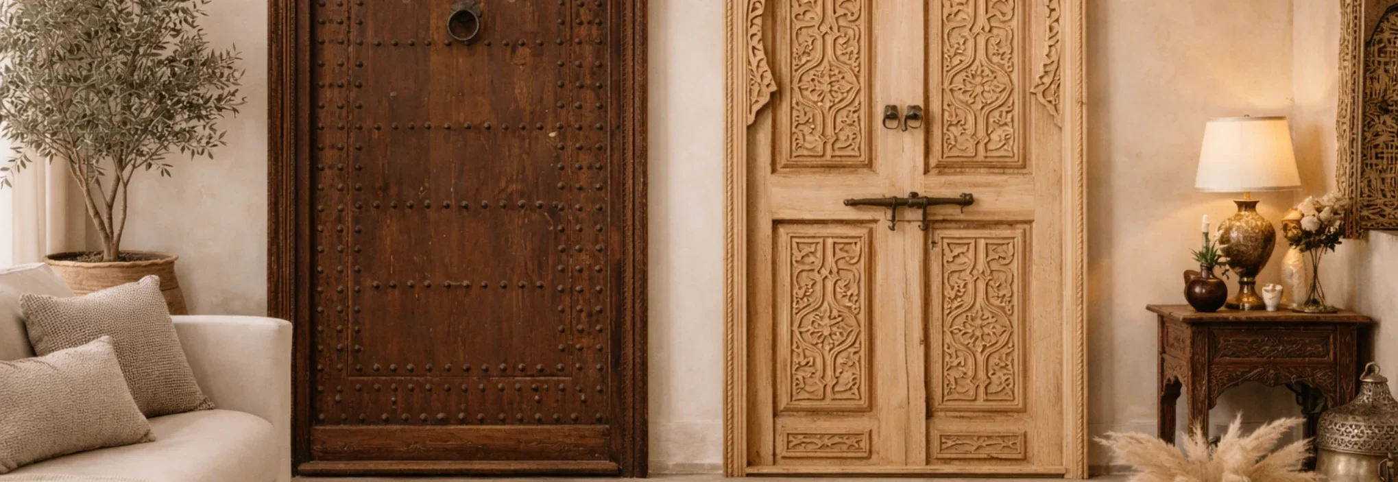 portes riad marocaines en bois sculpté dans un intérieur avec décoration orientale