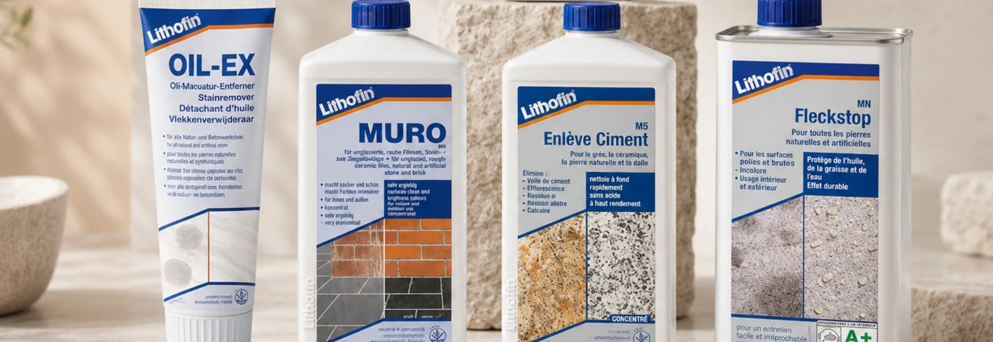 Produits d’entretien Lithofin pour pierre naturelle : Oil-Ex, Muro, Enlève Ciment et Fleckstop MN - Fer & Pierre