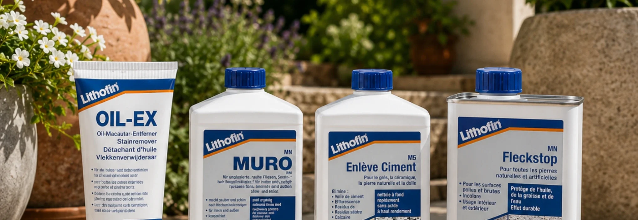 Produits d’entretien Lithofin pour pierre naturelle : Oil-Ex, Muro, Enlève Ciment et Fleckstop MN - Fer & Pierre