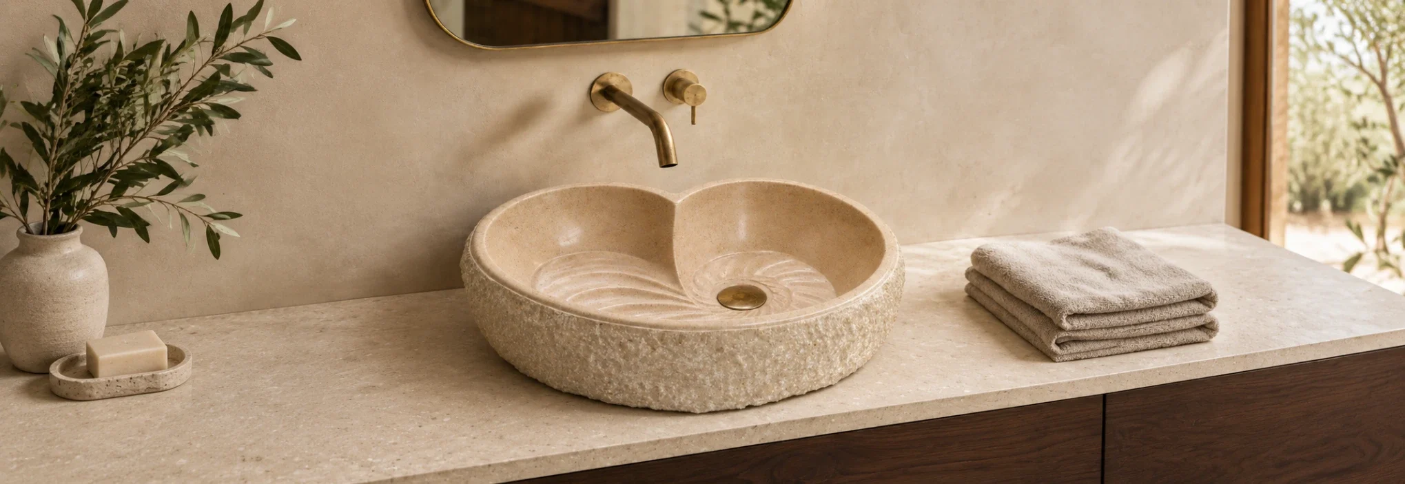 Fer & Pierre – Vasque en pierre naturelle Beige aux contours organiques