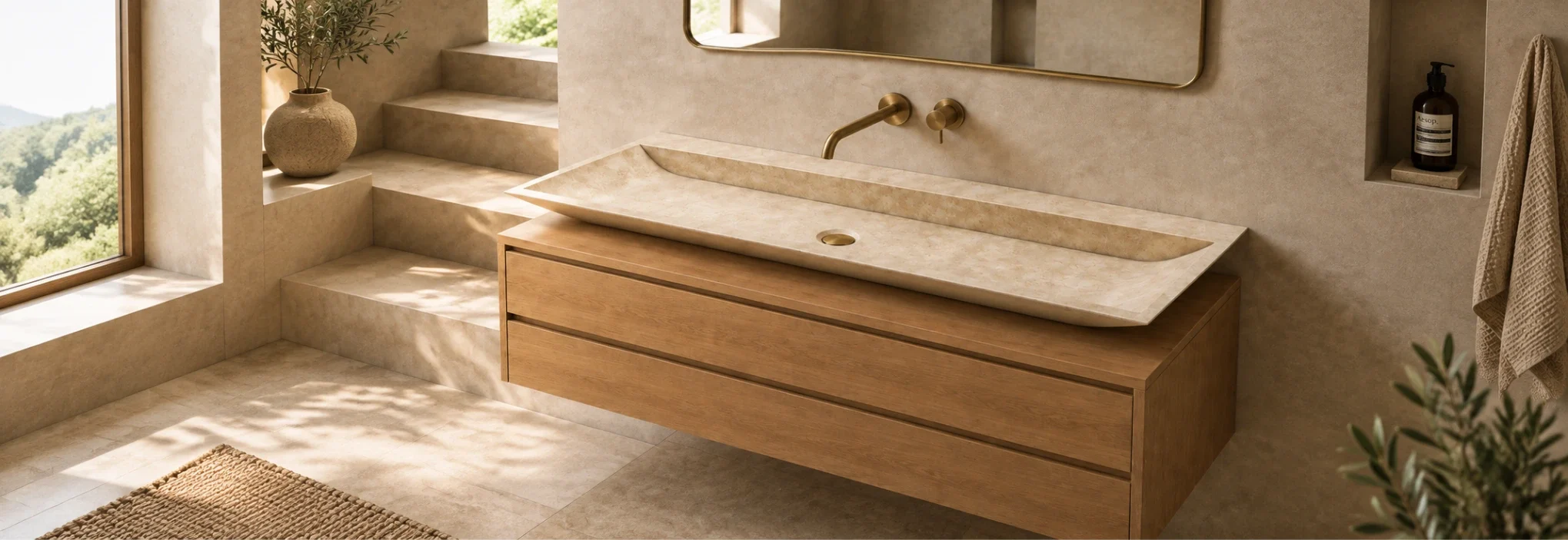 Vasque à poser Travertin Beige - 120x45x10cm - Bord biseauté Fin - Lisse - Toulouse