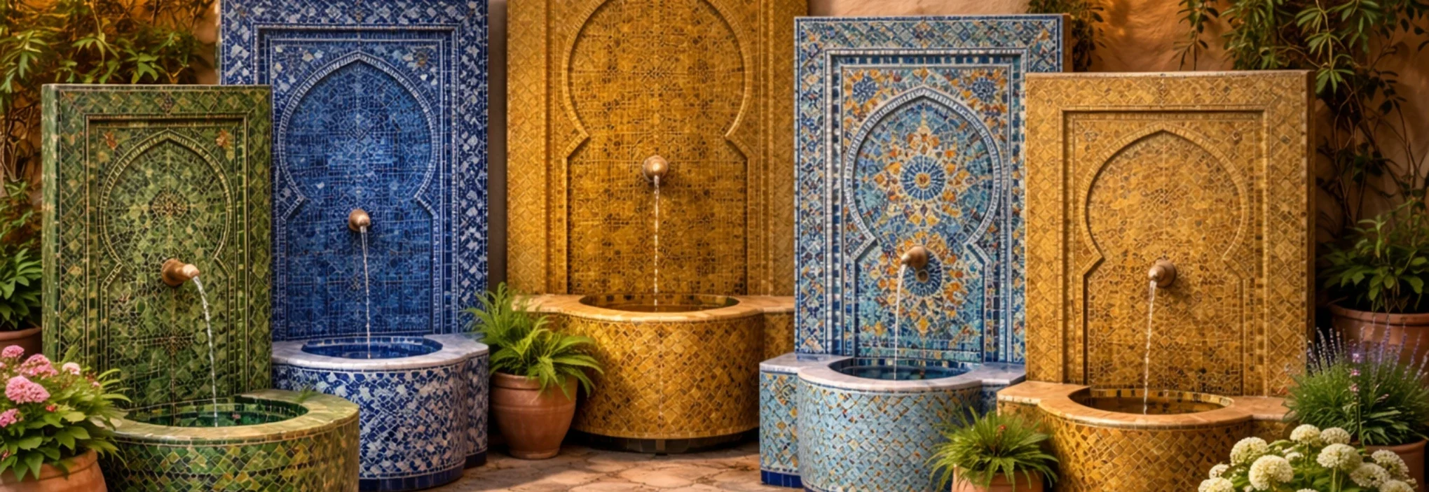 collection de fontaines en zellige artisanales bleu vert et miel dans un jardin méditerranéen