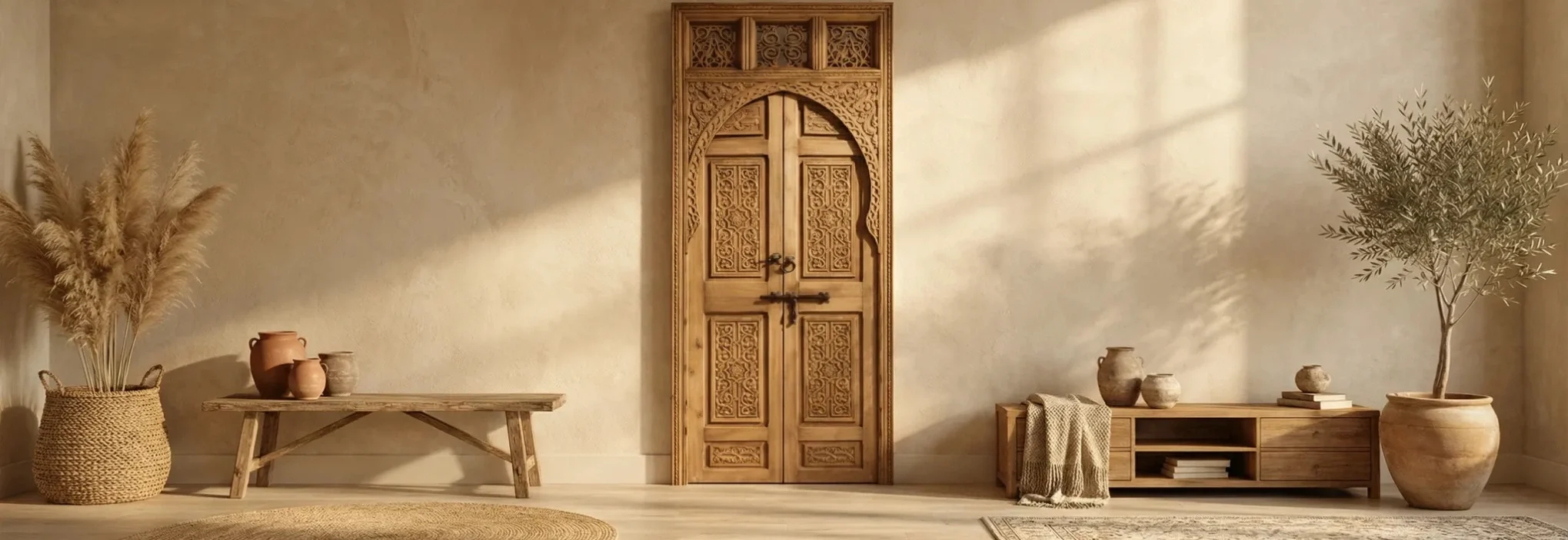 porte en bois marocaine sculptée dans un intérieur minimaliste avec décoration naturelle