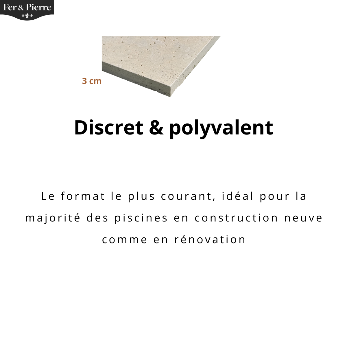 Margelle de piscine en travertin beige vieillie de 3 cm d'épaisseur, idéale pour les piscines neuves et les projets de rénovation.